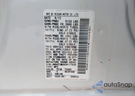2012 Nissan Murano Sl from USA, damaged, VIN JN8AZ1MU0CW117936